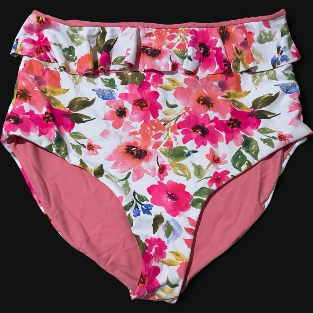 Floral High Waisted Ruffle Bikini Bottom Reversible Pink Solid Swimwear 3XL